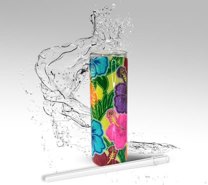 Neon Hawaiian Hibiscus Flowers, Epoxy 20 oz Skinny Tumbler