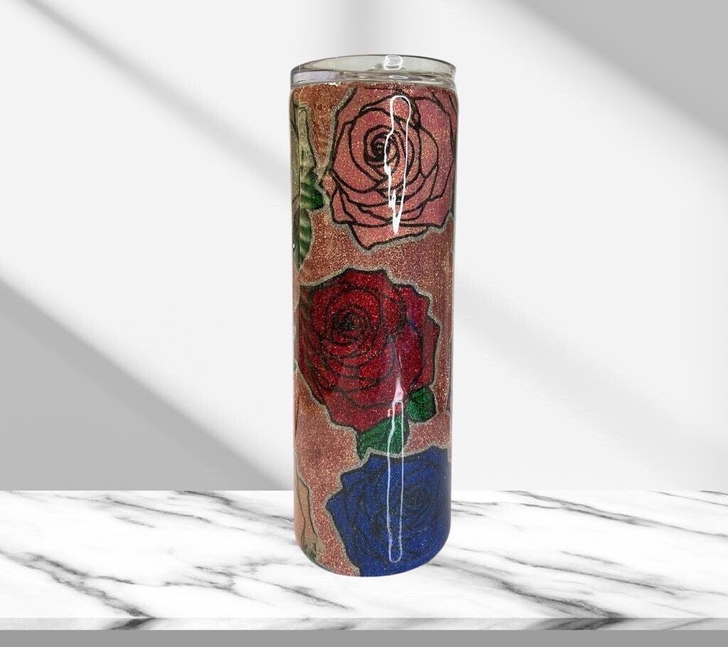 Rainbow Roses, Glitter Epoxy 20oz Skinny Tumbler