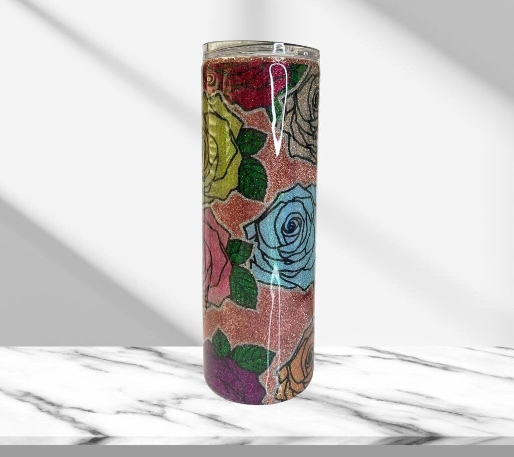 Rainbow Roses, Glitter Epoxy 20oz Skinny Tumbler