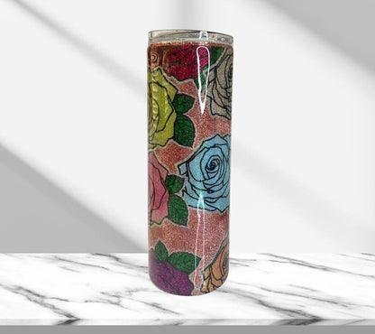 Rainbow Roses, Glitter Epoxy 20oz Skinny Tumbler