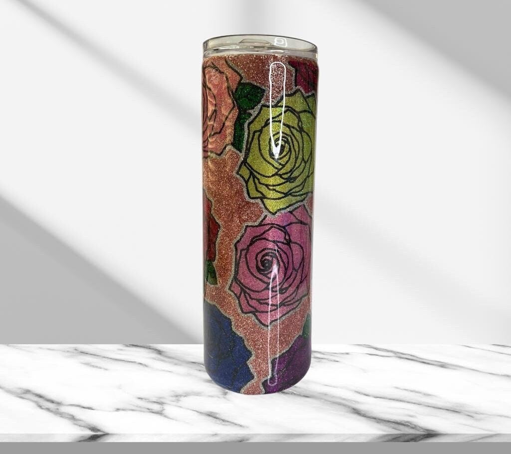 Rainbow Roses, Glitter Epoxy 20oz Skinny Tumbler