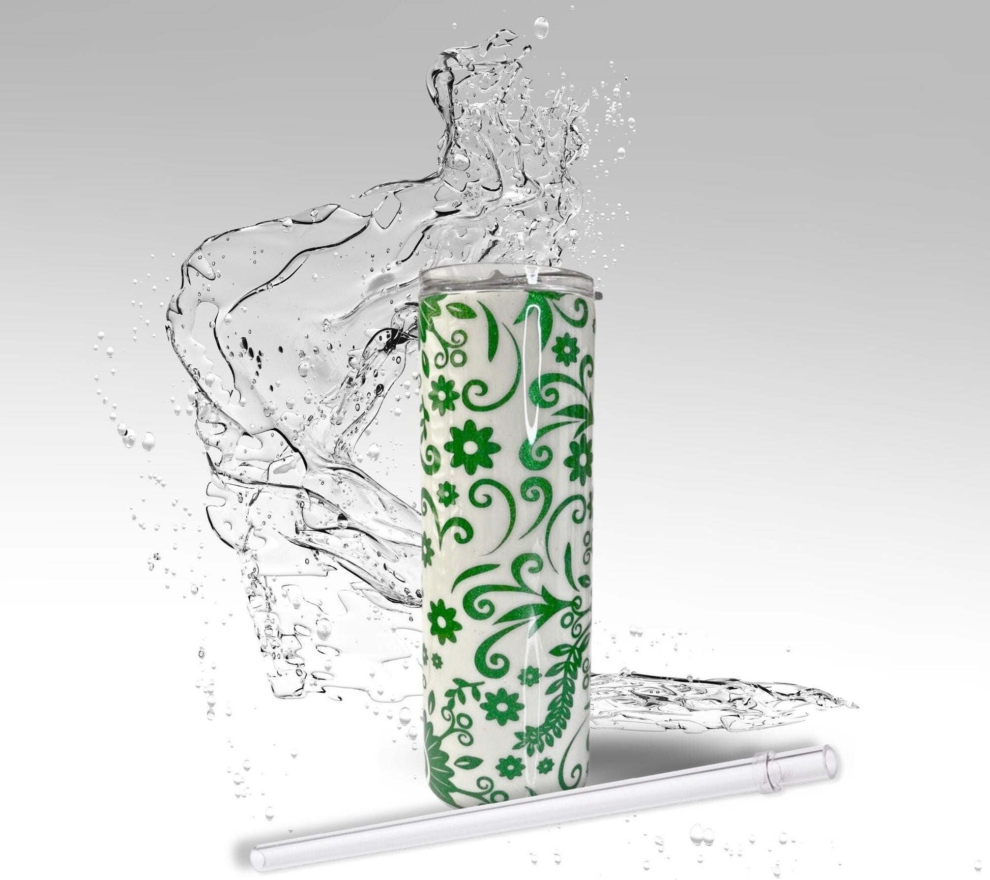 Green Paisley Flowers, Glitter Epoxy 20oz Skinny Tumbler