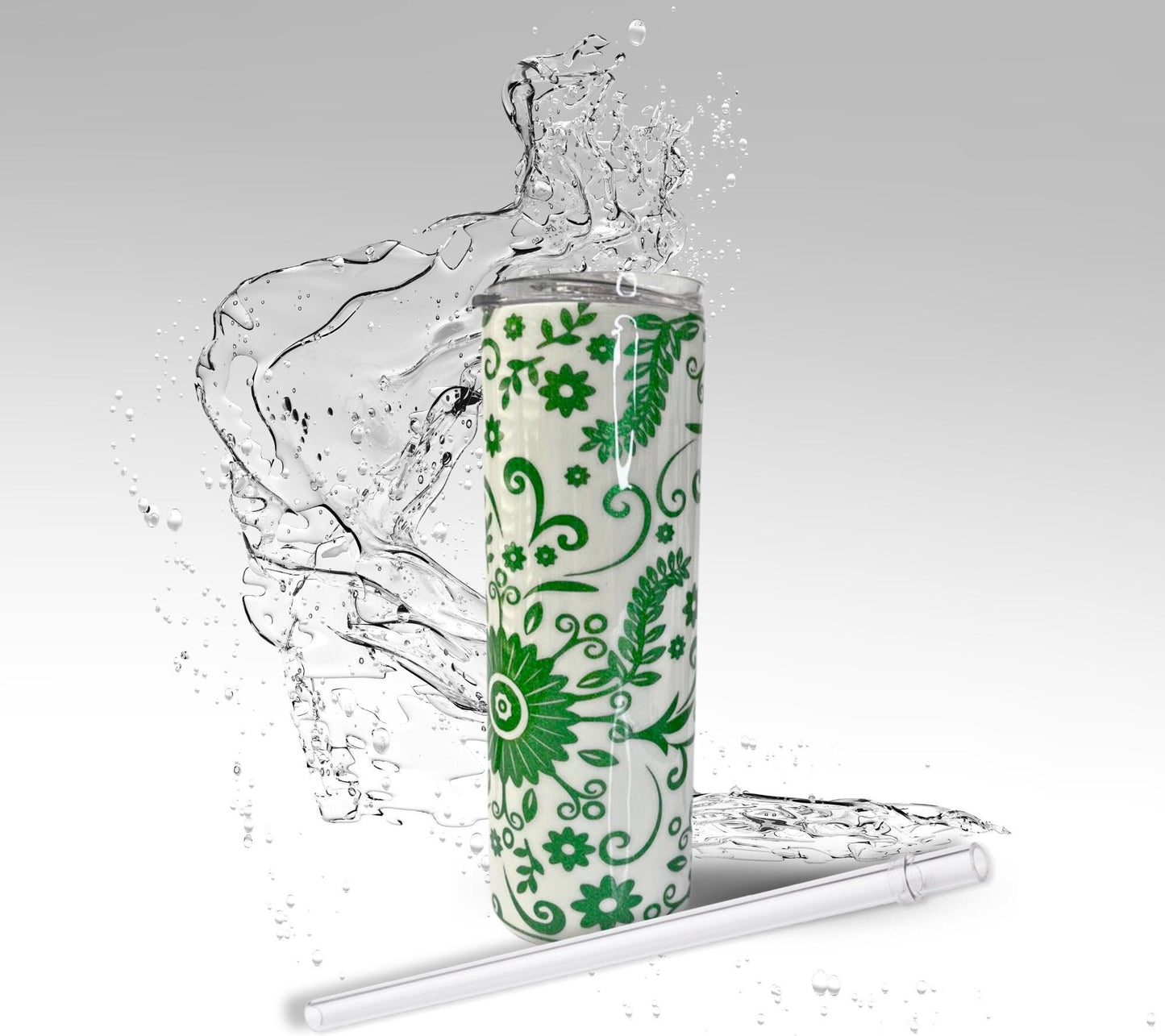 Green Paisley Flowers, Glitter Epoxy 20oz Skinny Tumbler