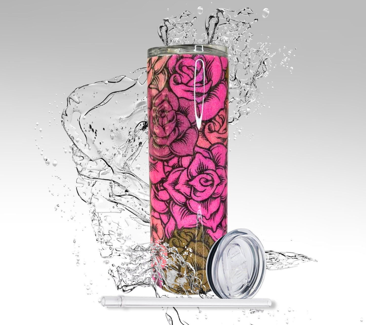 Pink & Gold Roses, Glitter Epoxy 20oz Skinny Tumbler