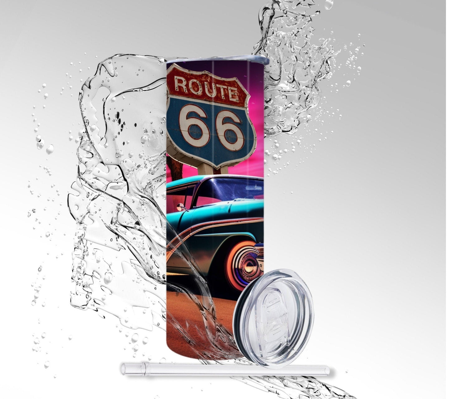 Route 66 Classic Car, Sublimated 20 oz Skinny Tumbler