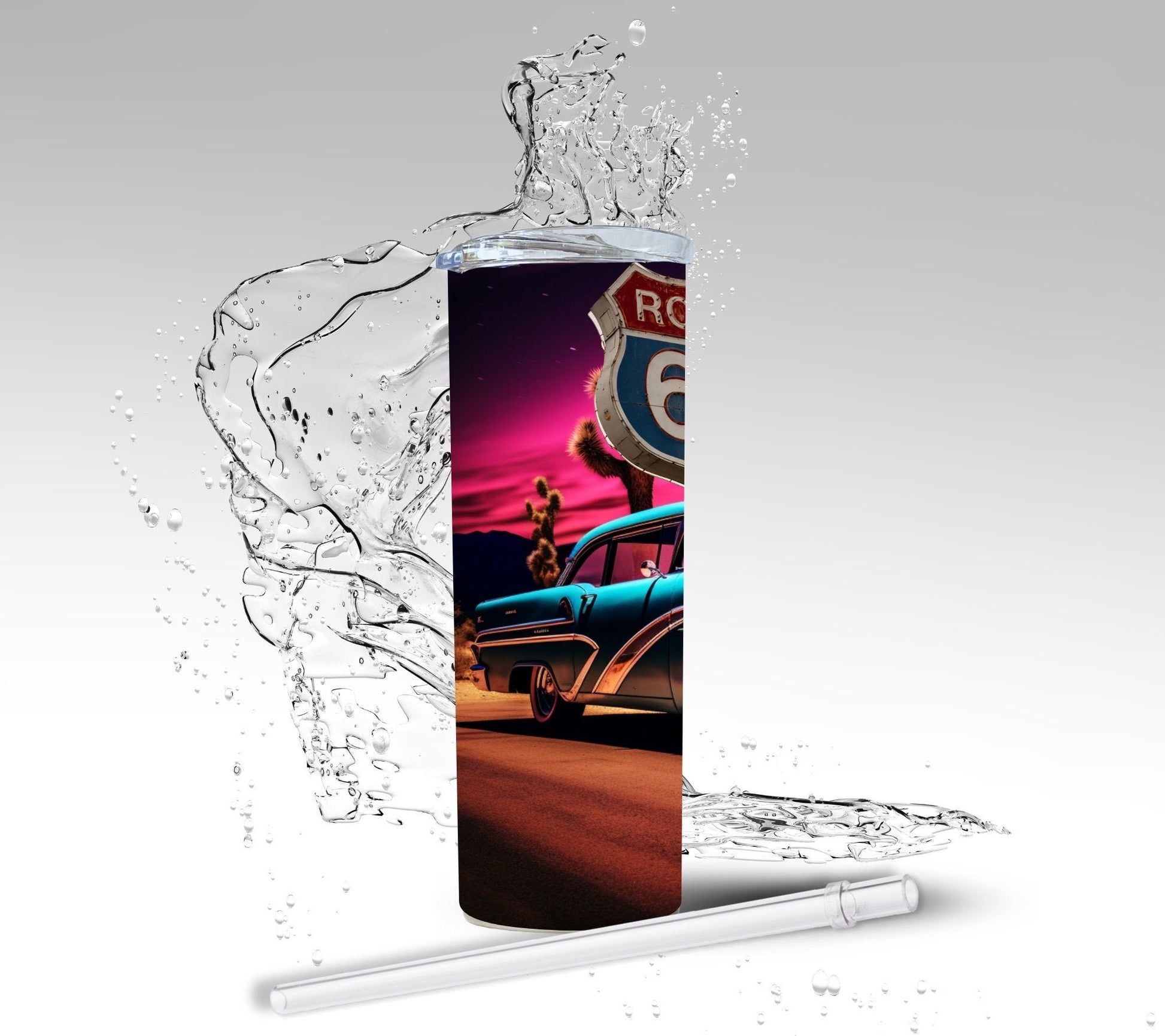 Route 66 Classic Car, Sublimated 20 oz Skinny Tumbler