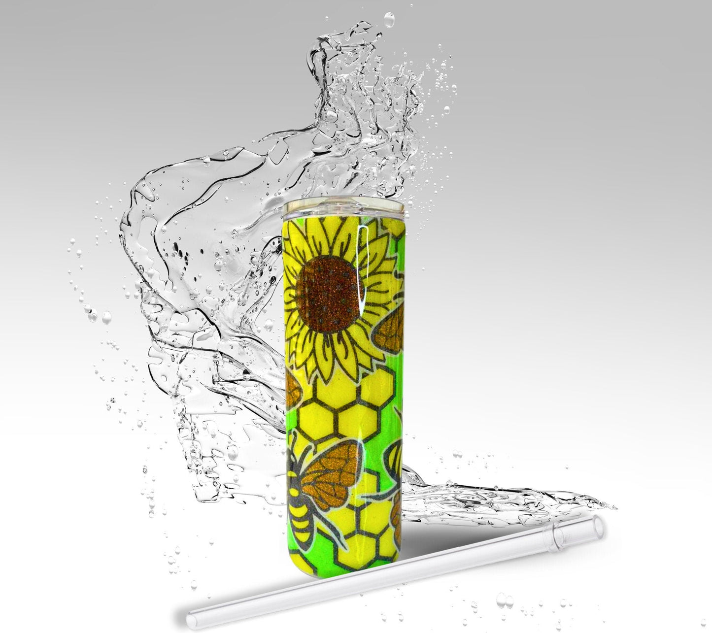 Honey Bee Sunflowers, Glitter Epoxy 20oz Skinny Tumbler