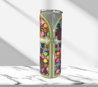 Stained Glass Cross & Flowers, Glitter Epoxy Custom oz Tumbler