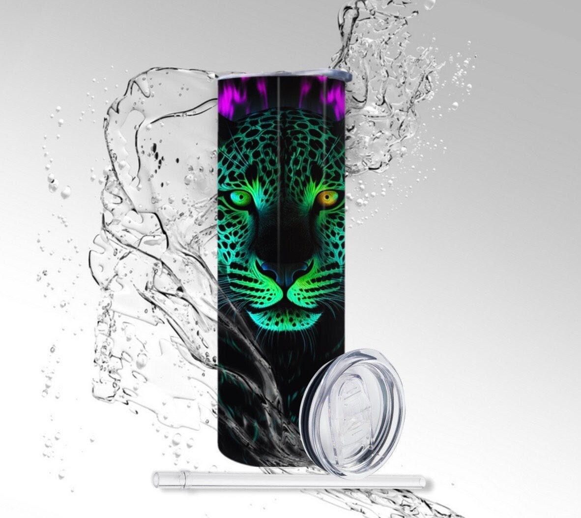 3D Neon Leopard, Sublimated 20 oz Skinny Tumbler