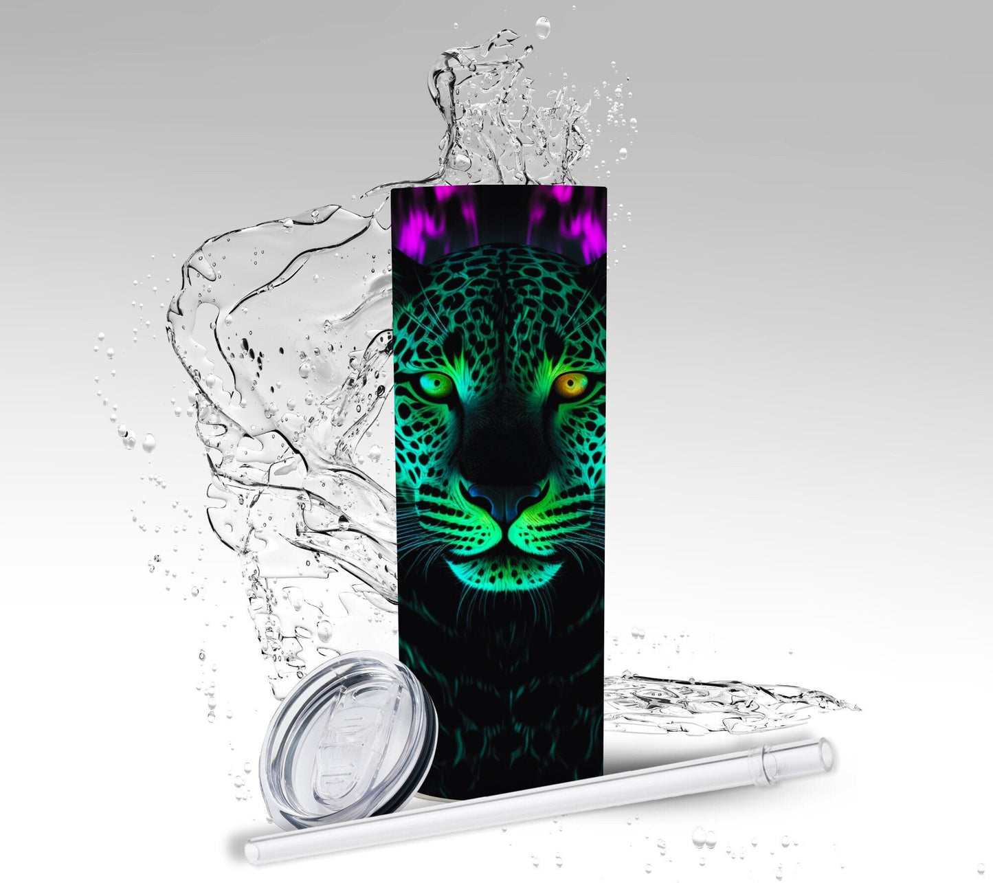 3D Neon Leopard, Sublimated 20 oz Skinny Tumbler