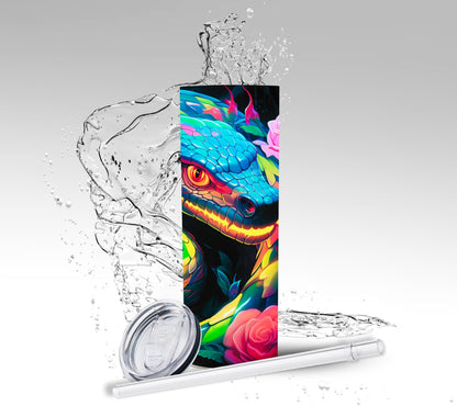 Neon Green Snake & Roses, Sublimated 20 oz Skinny Tumbler