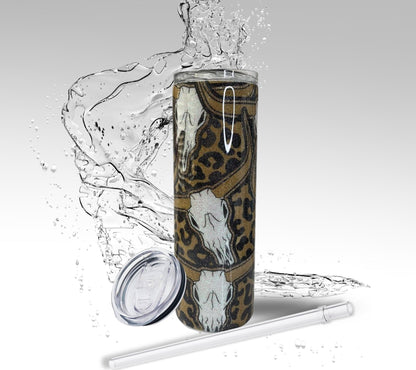 Leopard Print Cattle Skull, Epoxy 20 oz Skinny Tumbler