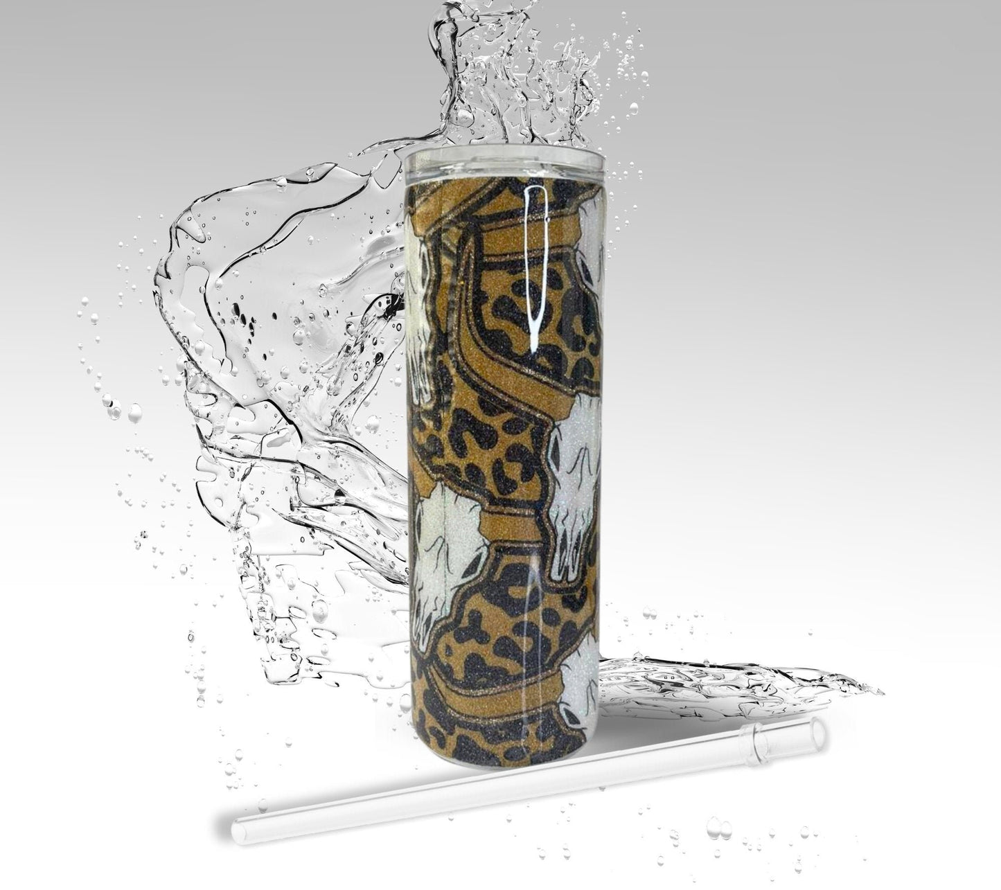 Leopard Print Cattle Skull, Epoxy 20 oz Skinny Tumbler