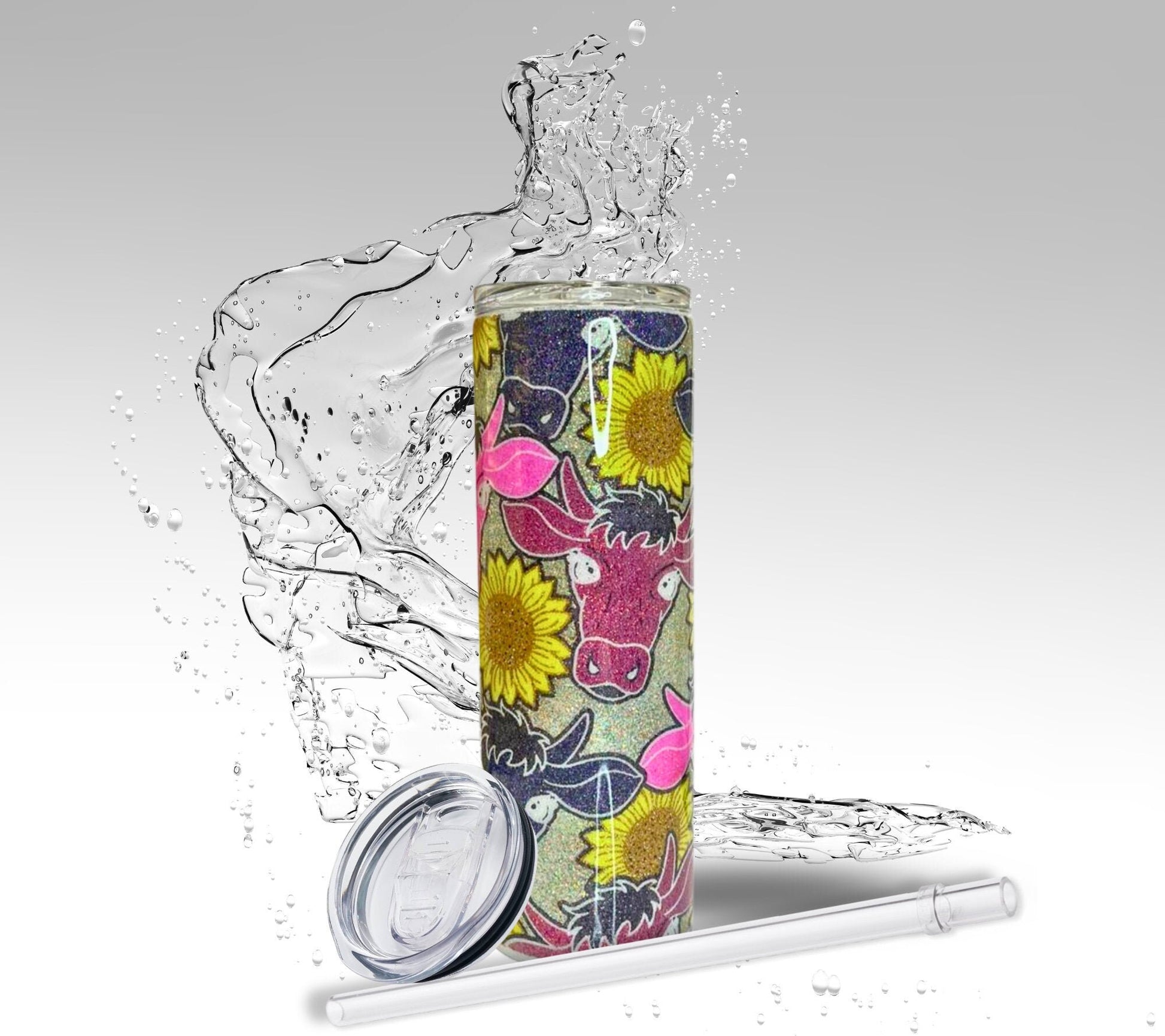 Sunflowers & Cows, Glitter Epoxy 20 oz Skinny Stainless Steel Tumbler