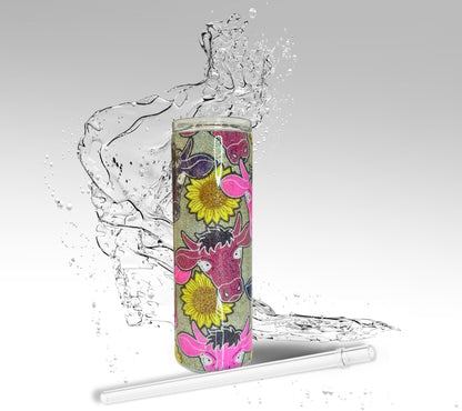 Sunflowers & Cows, Glitter Epoxy 20 oz Skinny Stainless Steel Tumbler