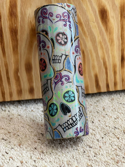 Halloween Tumbler: Stacked Sugar Skulls, Glitter Epoxy 20 oz Skinny Tumbler