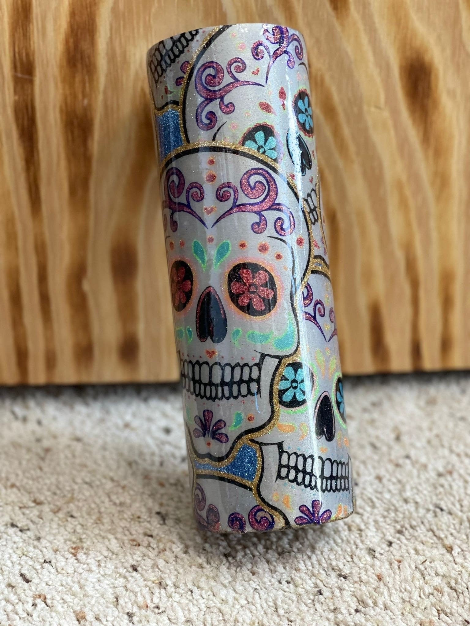 Halloween Tumbler: Stacked Sugar Skulls, Glitter Epoxy 20 oz Skinny Tumbler