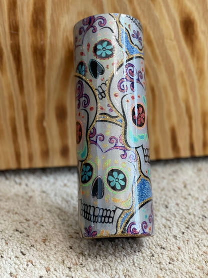 Halloween Tumbler: Stacked Sugar Skulls, Glitter Epoxy 20 oz Skinny Tumbler