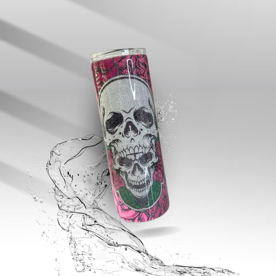 Pink Skulls & Roses, Glittered Epoxy Insulated Tumbler