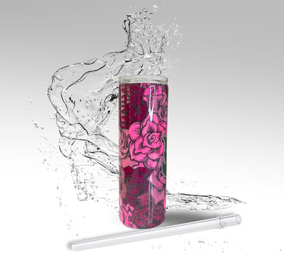 Pink Skulls & Roses, Glitter Epoxy 20oz Skinny Tumbler