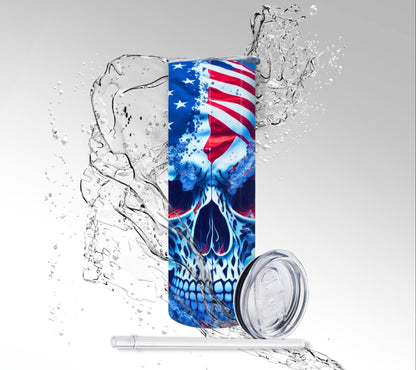 American Flag Water Skull, Sublimated 20 oz Skinny Tumbler