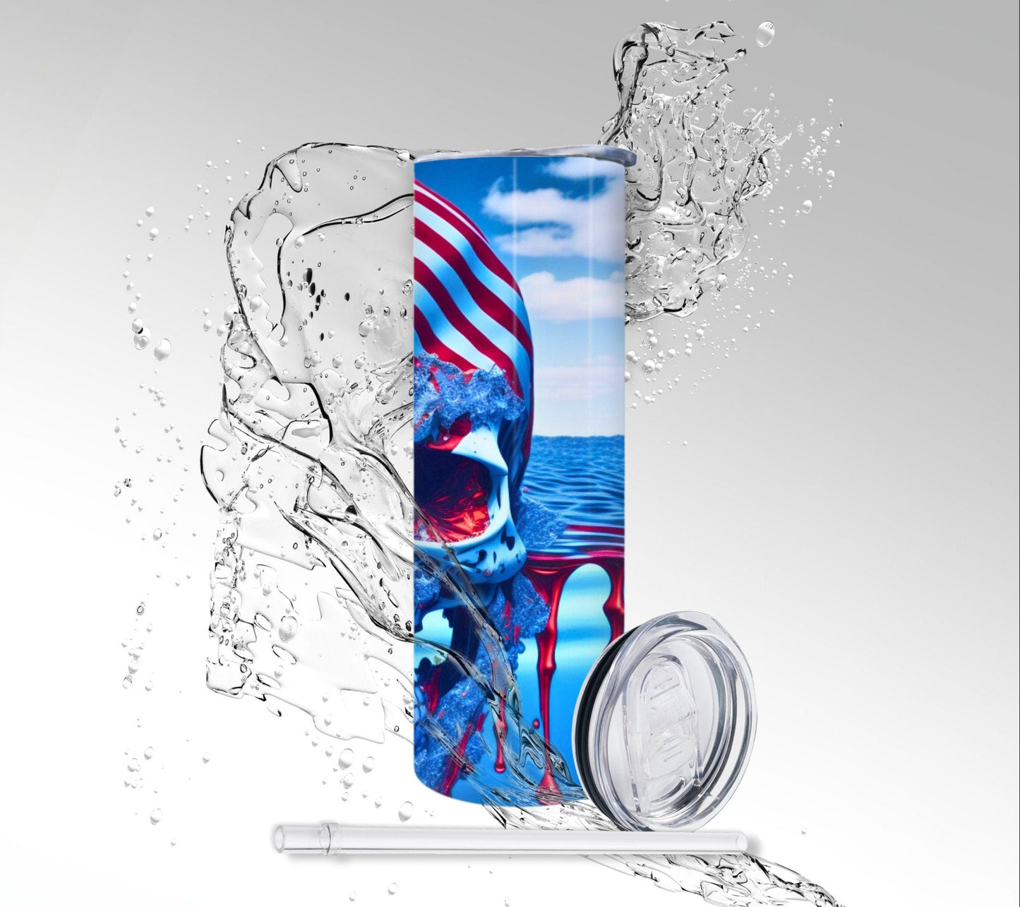 American Flag Water Skull, Sublimated 20 oz Skinny Tumbler