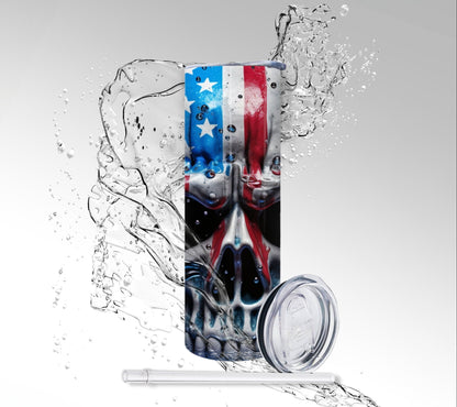 American Flag Skull, Sublimated 20 oz Skinny Tumbler