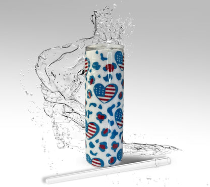 American Flag Leopard Heart, Glitter Epoxy 20 oz Skinny Tumbler