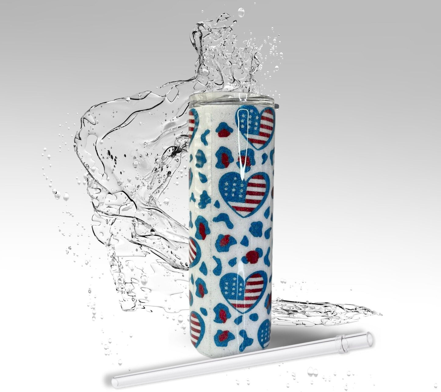 American Flag Leopard Heart, Glitter Epoxy 20 oz Skinny Tumbler