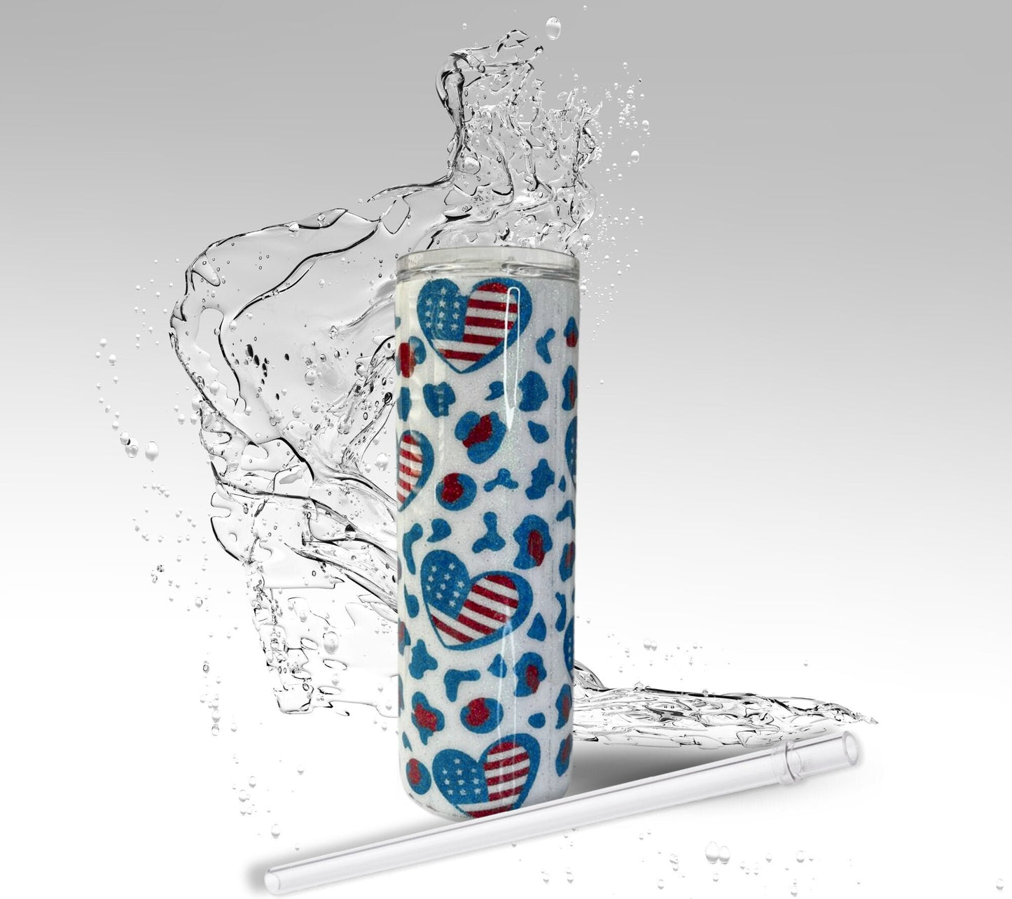 American Flag Leopard Heart, Glitter Epoxy 20 oz Skinny Tumbler