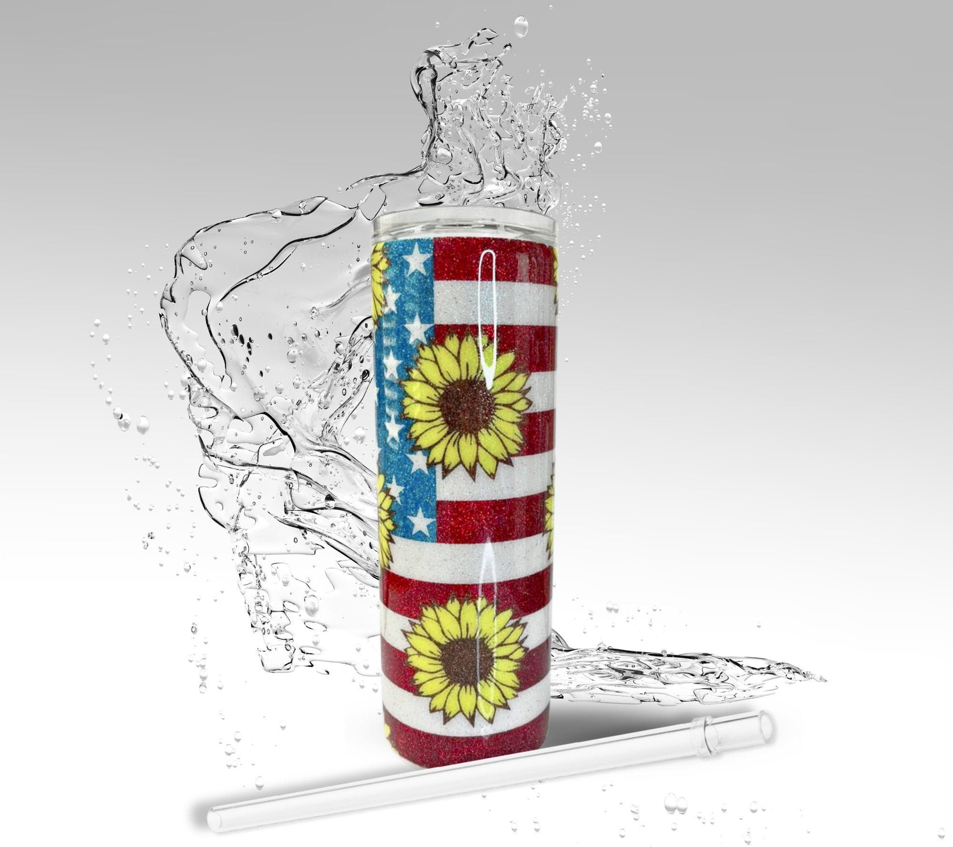 American Flag Sunflower, Glitter Epoxy 20 oz Skinny Tumbler