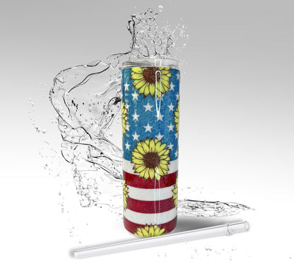 American Flag Sunflower, Glitter Epoxy 20 oz Skinny Tumbler