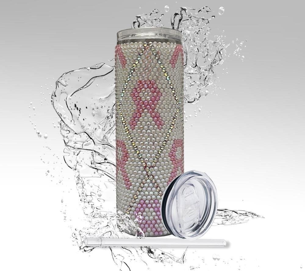 Rhinestone Tumbler: Breast Cancer Awareness, 20 oz Rhinestone Bling Skinny Tumbler