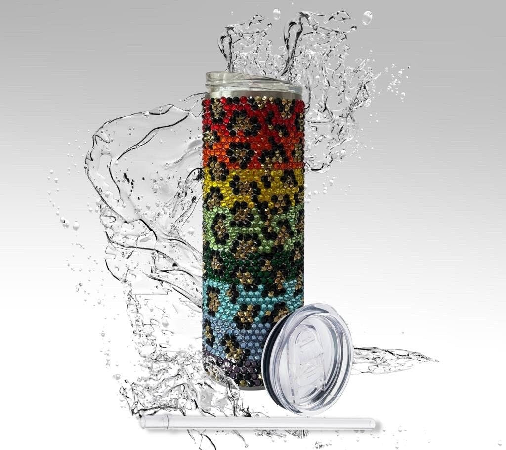 Rhinestone Tumbler: Rainbow Leopard , 20 oz Rhinestone Bling Skinny Tumbler