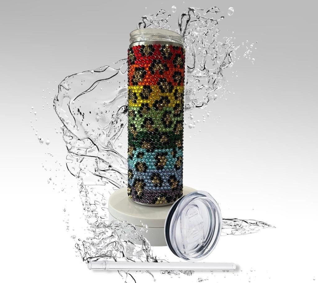 Rhinestone Tumbler: Rainbow Leopard , 20 oz Rhinestone Bling Skinny Tumbler