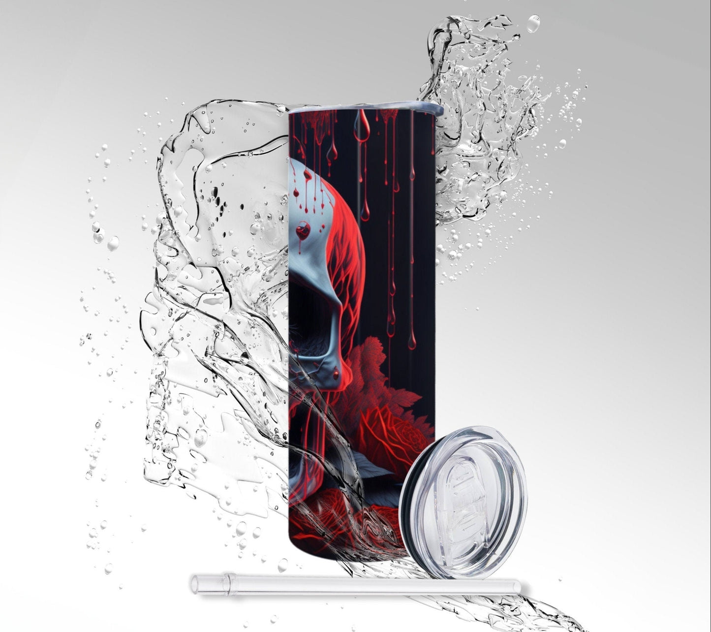 Haunted Red Rose Skull, Sublimated 20 oz Skinny Tumbler