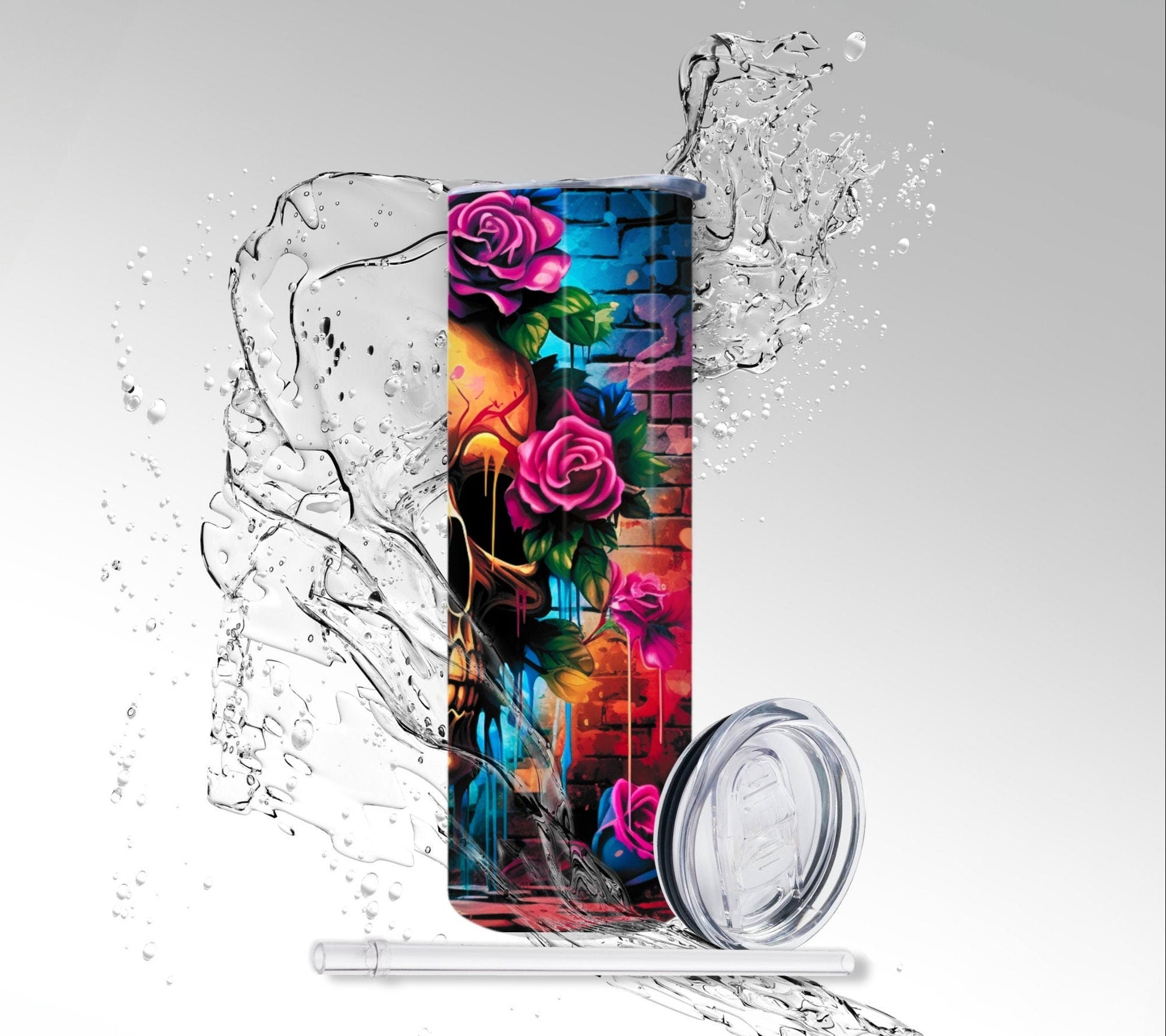 Grunge Graffiti Skull, Sublimated 20 oz Skinny Tumbler