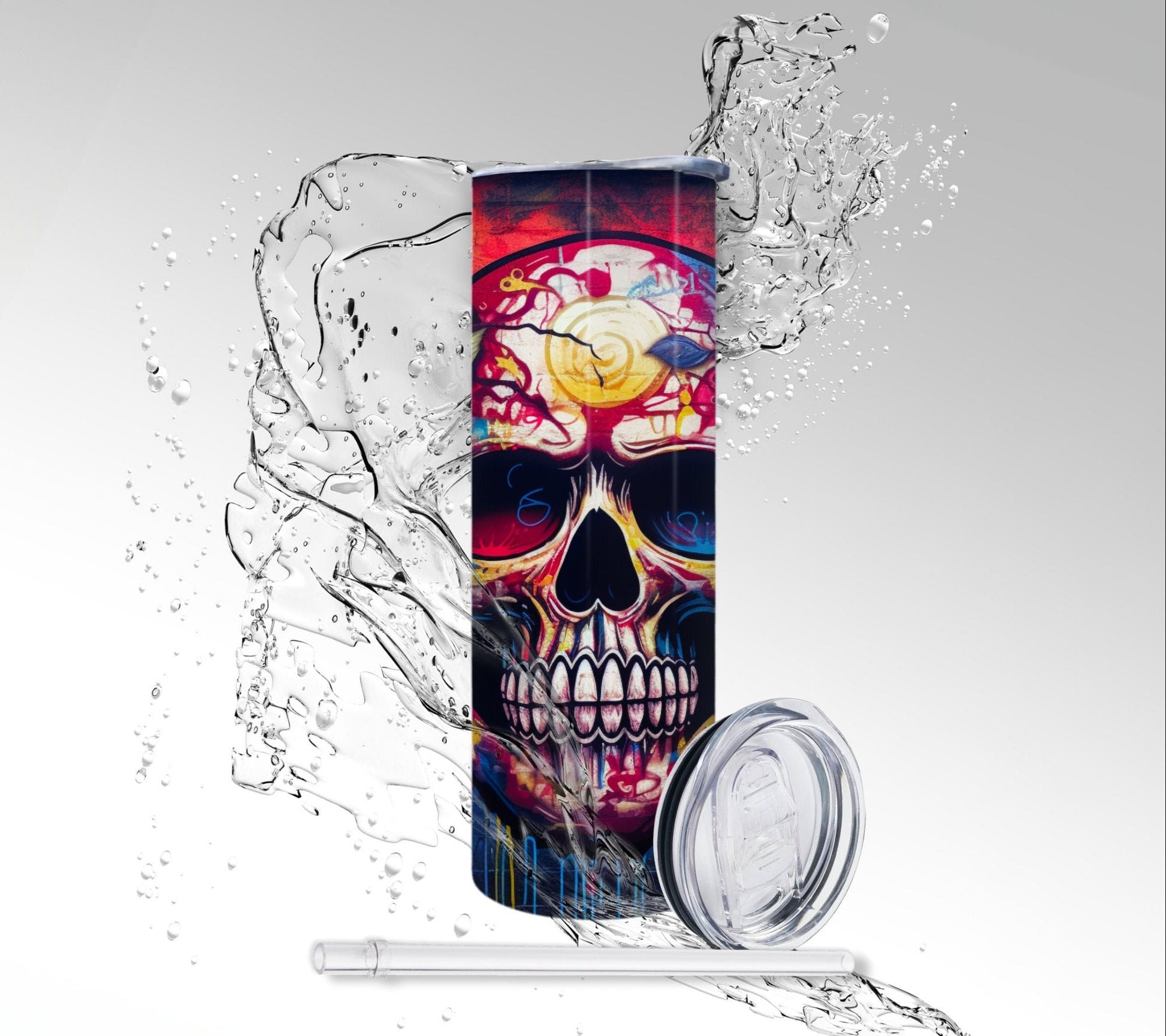 Grunge Graffiti Skull Art, Sublimated 20 oz Skinny Tumbler