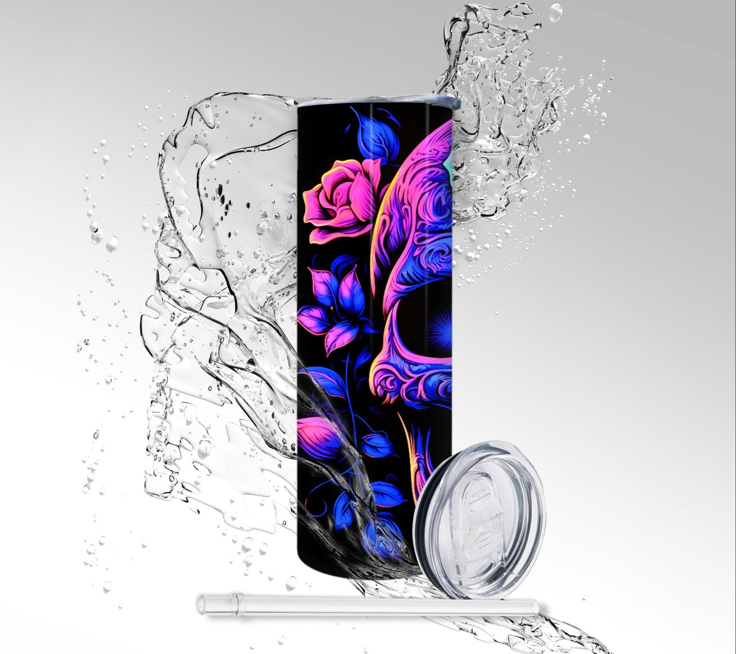 Neon Blacklight Skull & Flowers, Sublimated 20 oz Skinny Tumbler