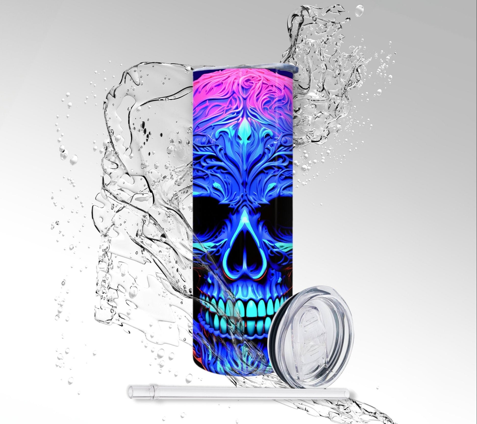 Neon Pink Blacklight Skull, Sublimated 20 oz Skinny Tumbler