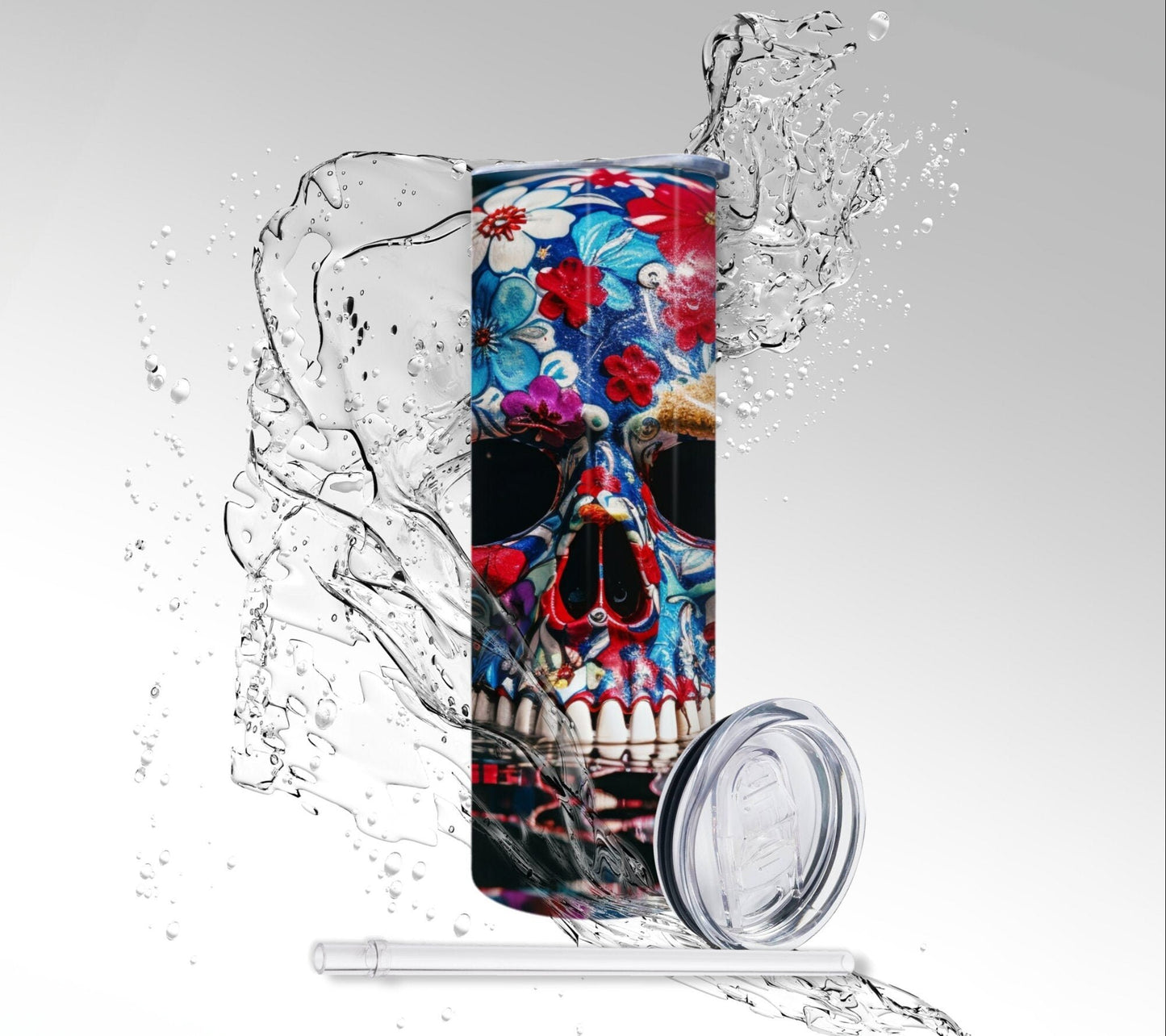 Water Reflection Flower Skull, Sublimated 20 oz Skinny Tumbler