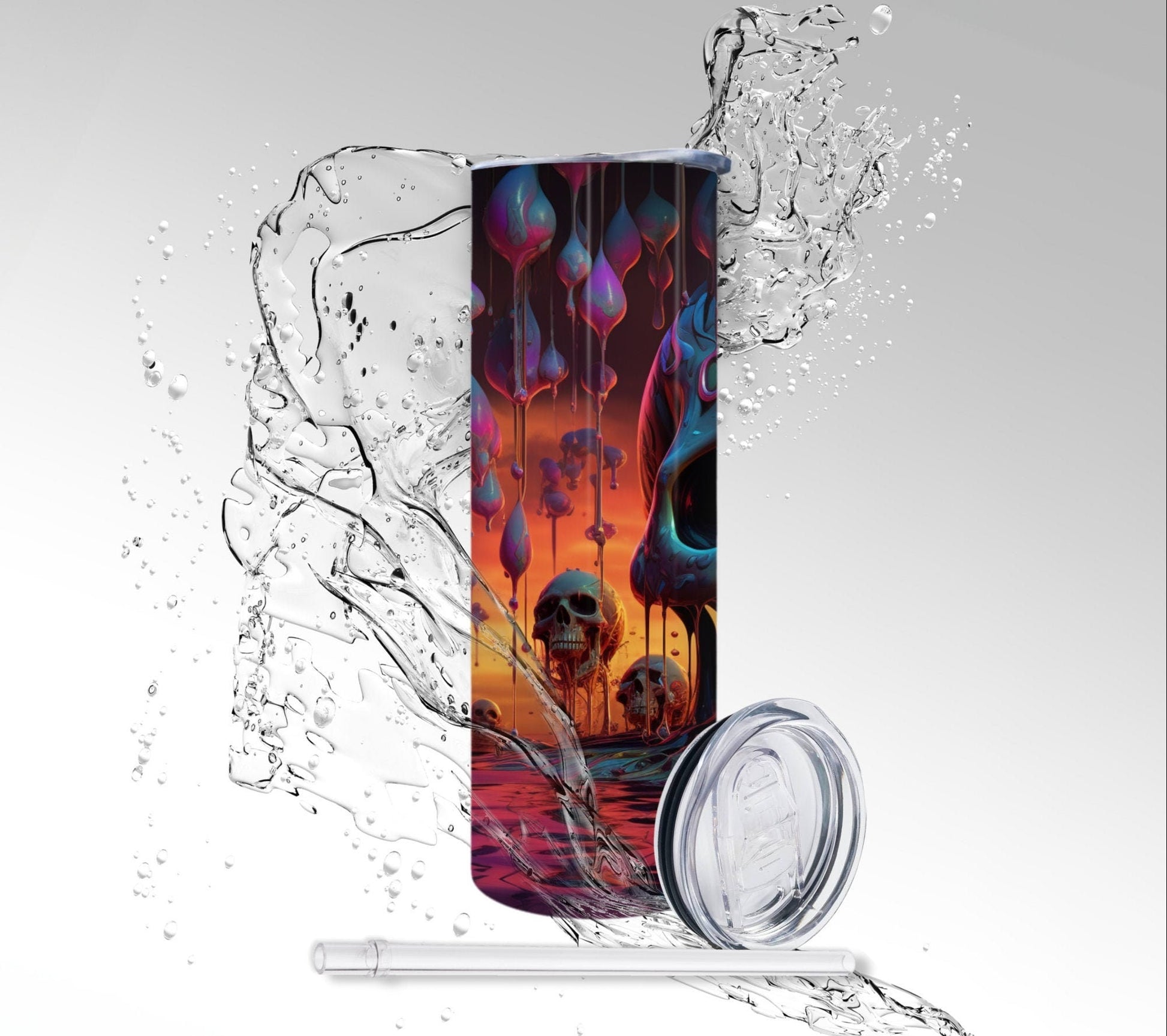 Paint Drip Water Skull, Sublimated 20 oz Skinny Tumbler