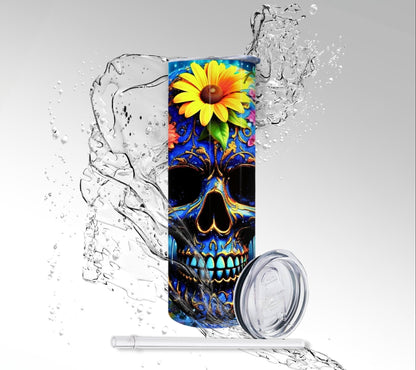 Drip Paint Flowers Skull, Sublimated 20 oz Skinny Tumbler