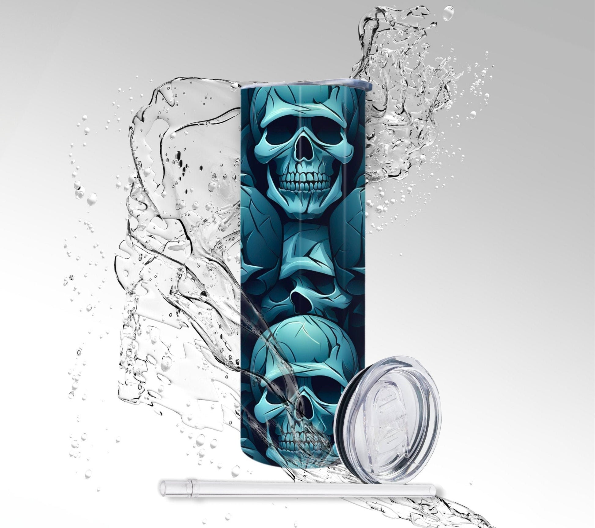 Teal Stacked Skulls, Sublimated 20 oz Skinny Tumbler