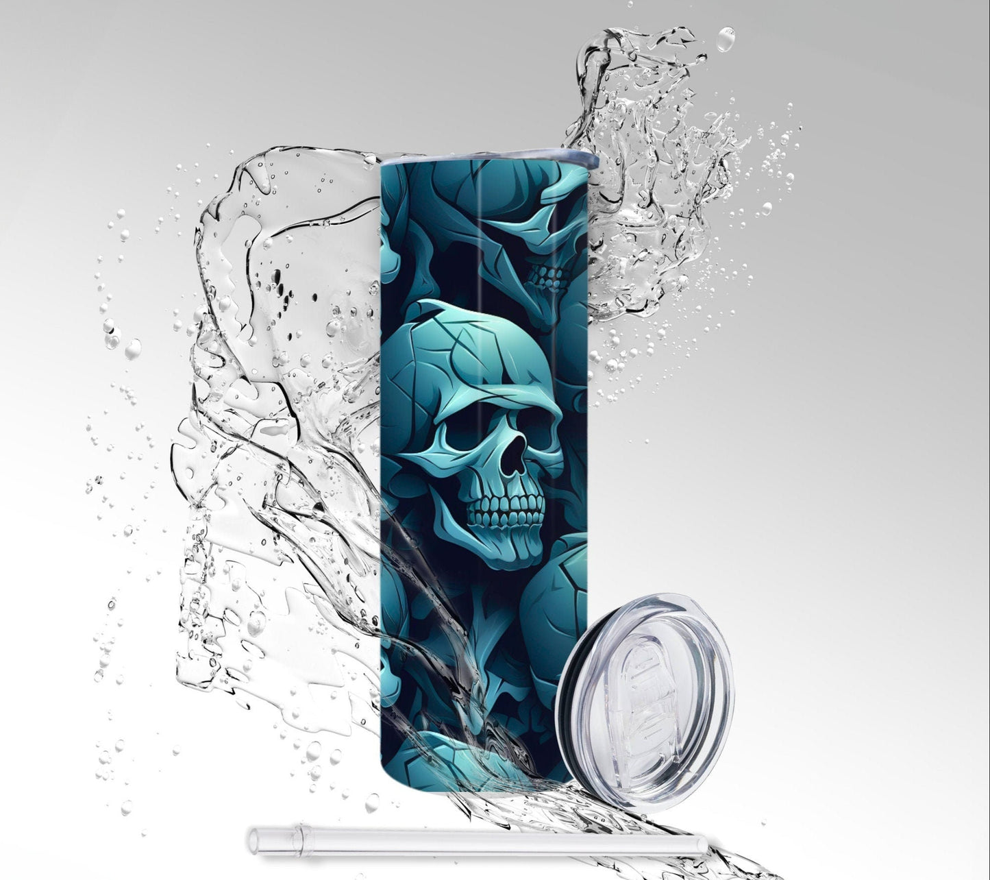 Teal Stacked Skulls, Sublimated 20 oz Skinny Tumbler