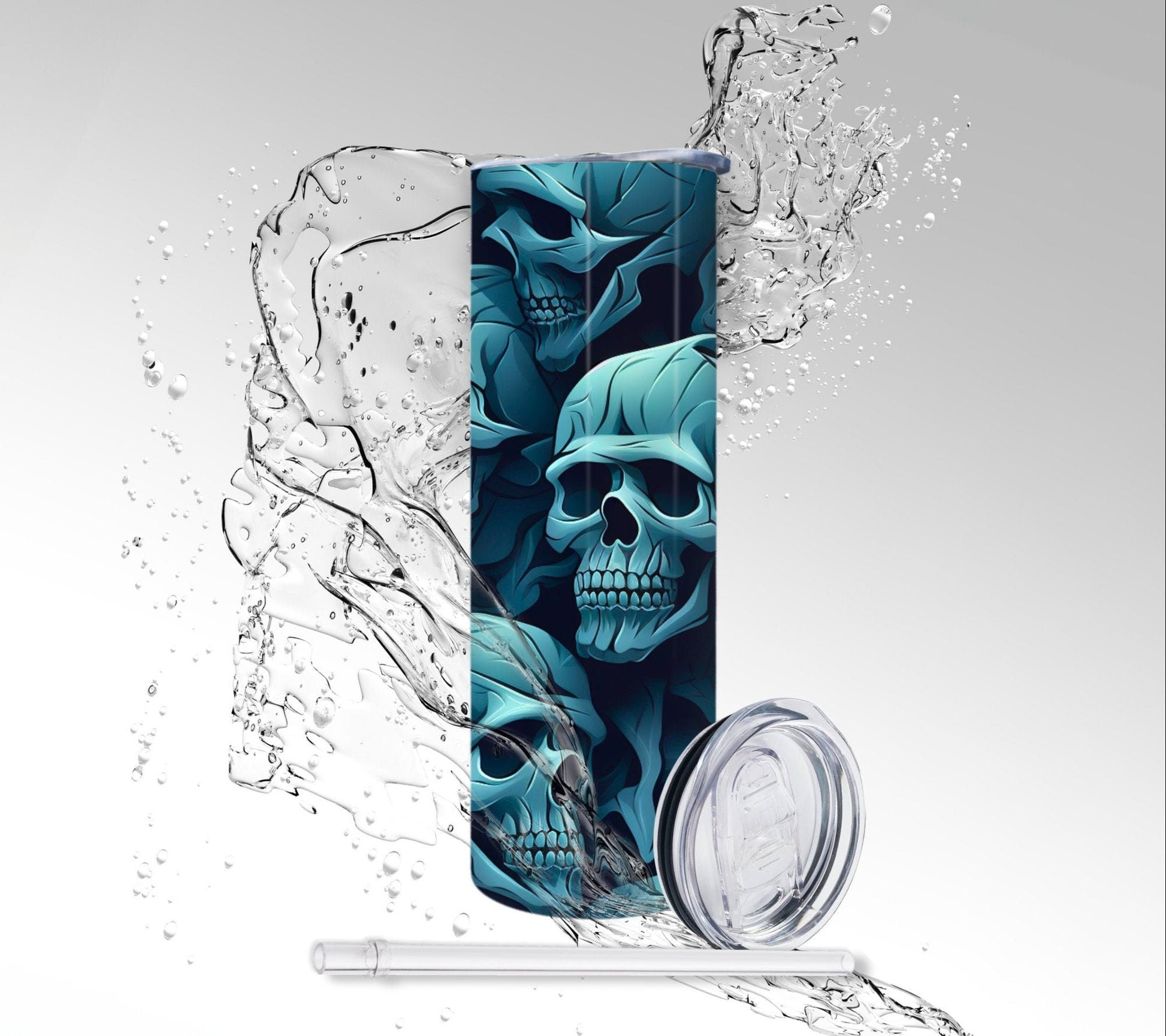 Teal Stacked Skulls, Sublimated 20 oz Skinny Tumbler