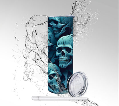 Teal Stacked Skulls, Sublimated 20 oz Skinny Tumbler