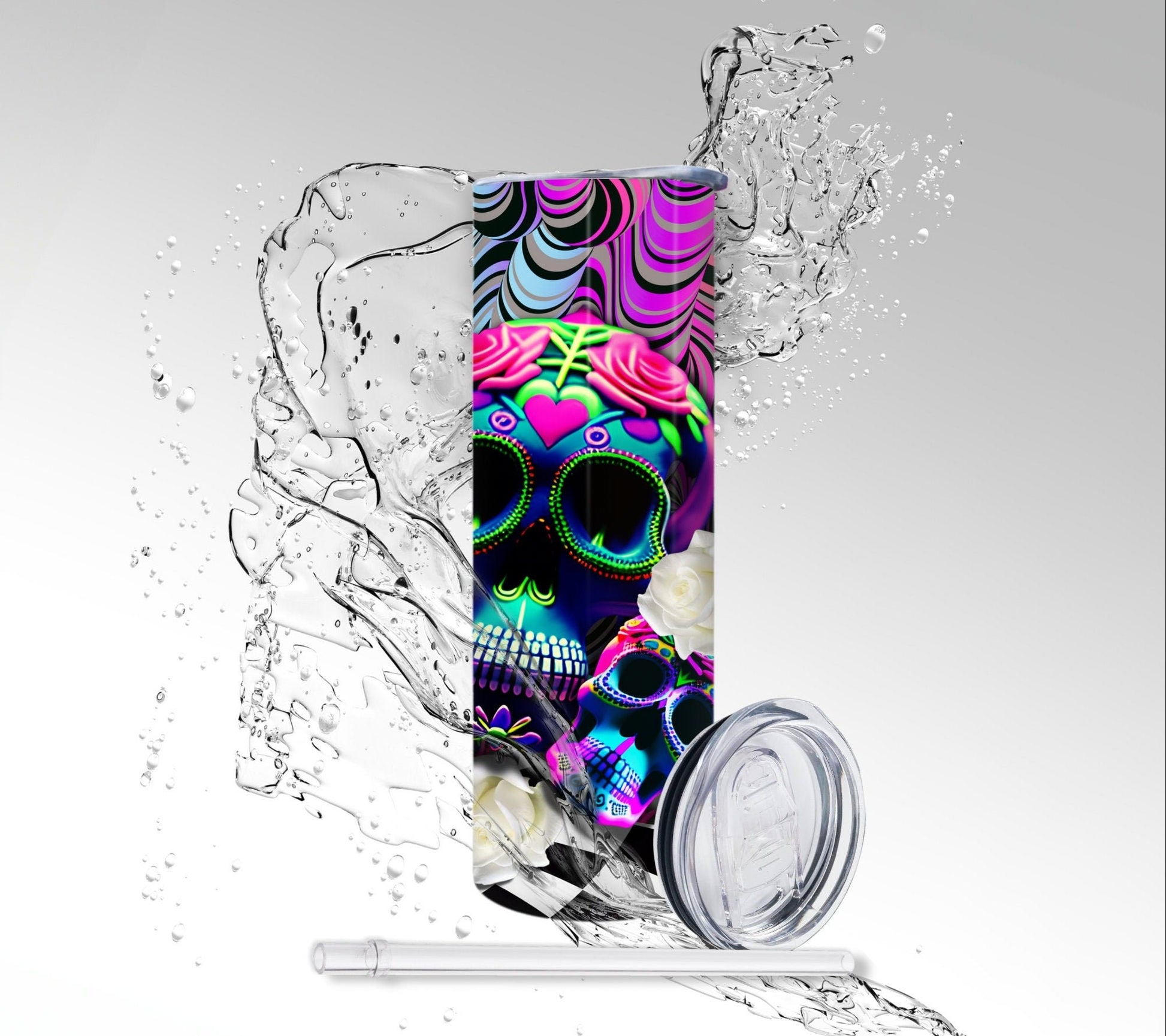 Psychedelic Sugar Skulls, Sublimated 20 oz Skinny Tumbler