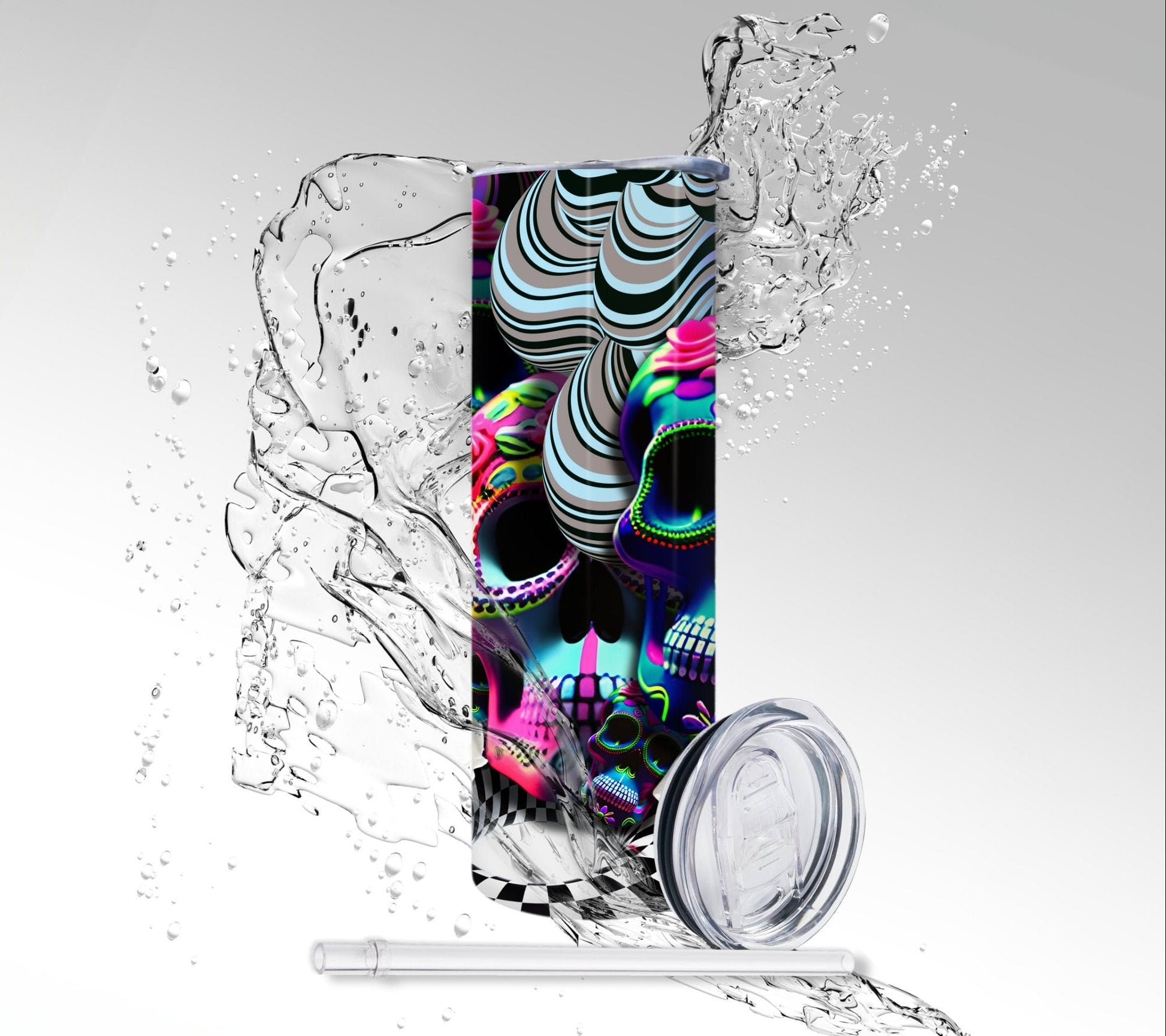 Psychedelic Sugar Skulls, Sublimated 20 oz Skinny Tumbler