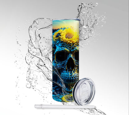 Yellow Sunflower Field Skull, Sublimated 20 oz Skinny Tumbler